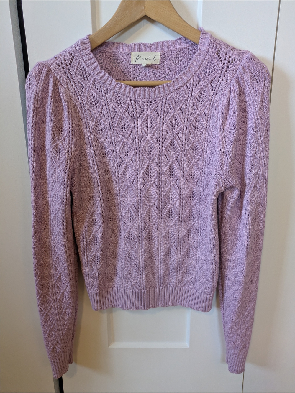 Marbled Pink Lavender Pointelle Crew Neck Sweater, Size S